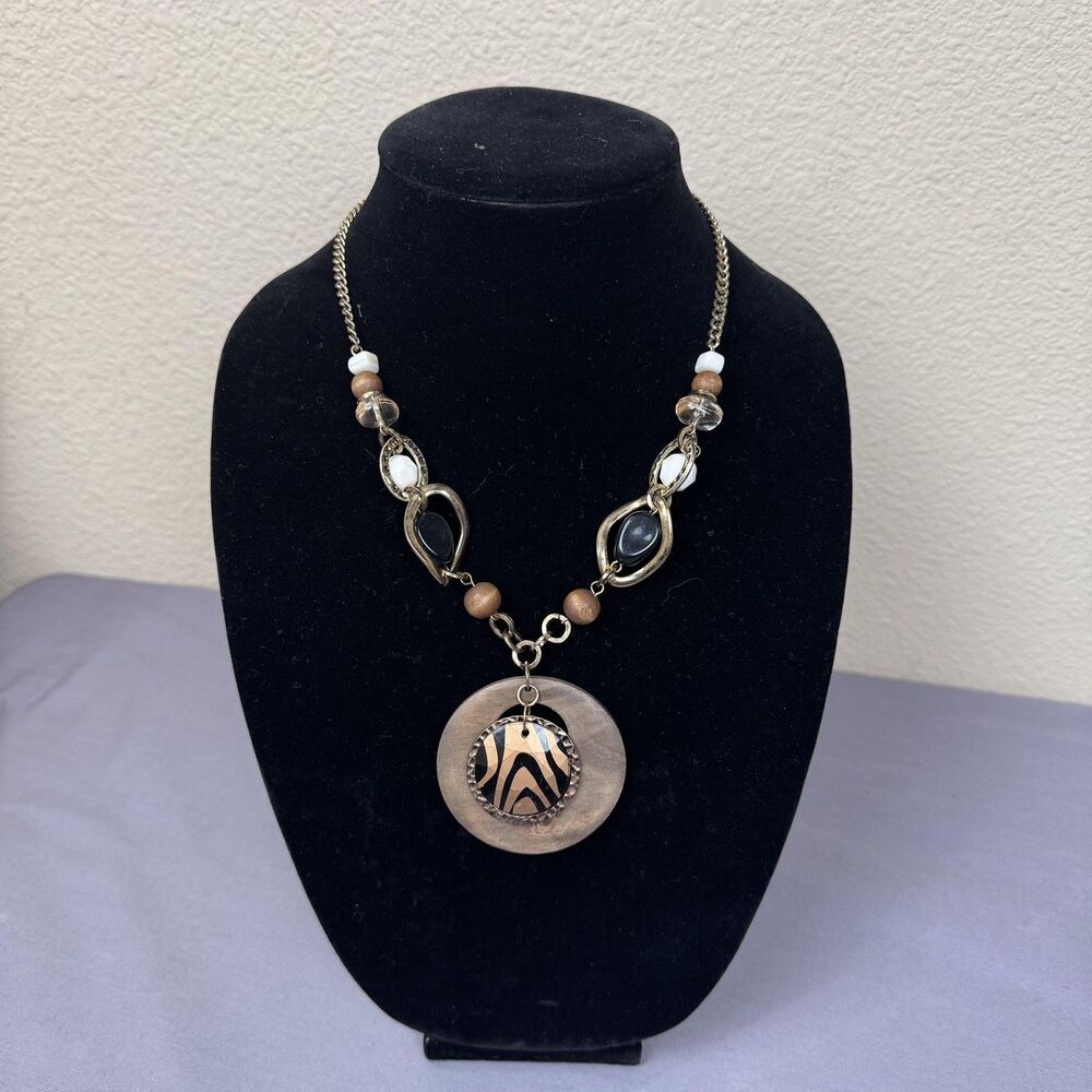 Multicolor Wood Beaded Animal Print Pendant Necklace 21 In Womens Boho Jewelry